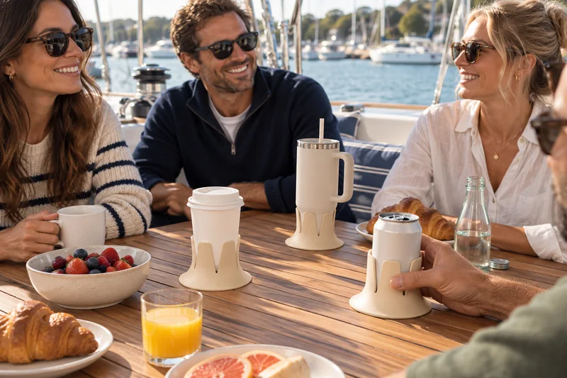 Adult breakfast at dry broad cabin table on sailboat tied at calm marina. AI lifestyle illustration.