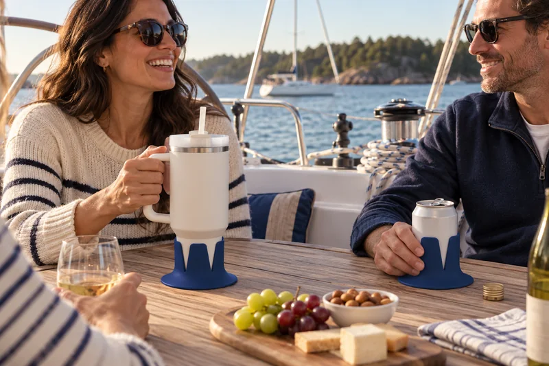 Quiet moored sailboat cockpit broad fixed table beside seated adult sails furled. AI lifestyle illustration.