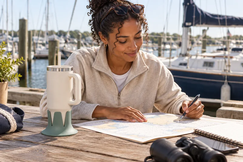 Adult studying chart at marina picnic table sailboat docked behind. AI lifestyle illustration.